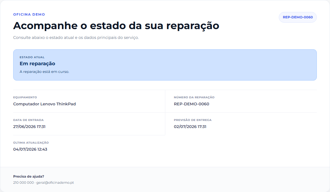 Página pública com os dados essenciais da reparação e informação opcional configurada pela oficina